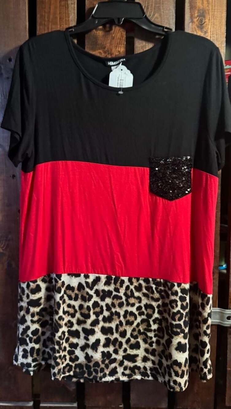 Hemish USA Color Block Leopard and Sequin Pocket Top